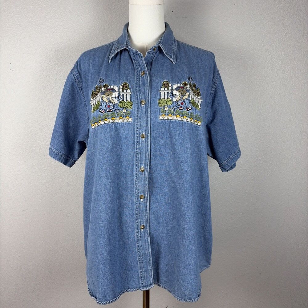Vintage Bobbie Brooks Embroidered Denim Shirt XL Garden Teddy Bear Cottagecore